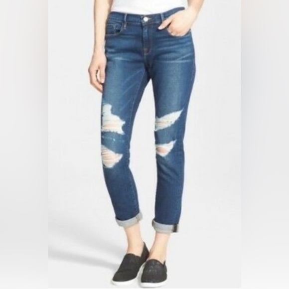 Frame Le Garçon Distressed Dark Wash High Rise Skinny Jeans - Picture 1 of 6